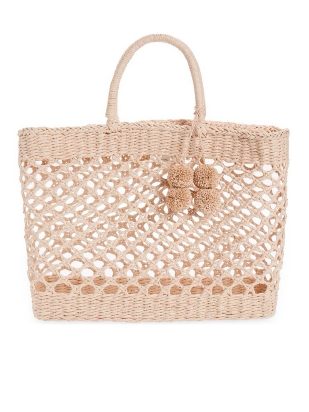 b2b Light Pink Woven Straw Tote Bag with Pom Pom Accents